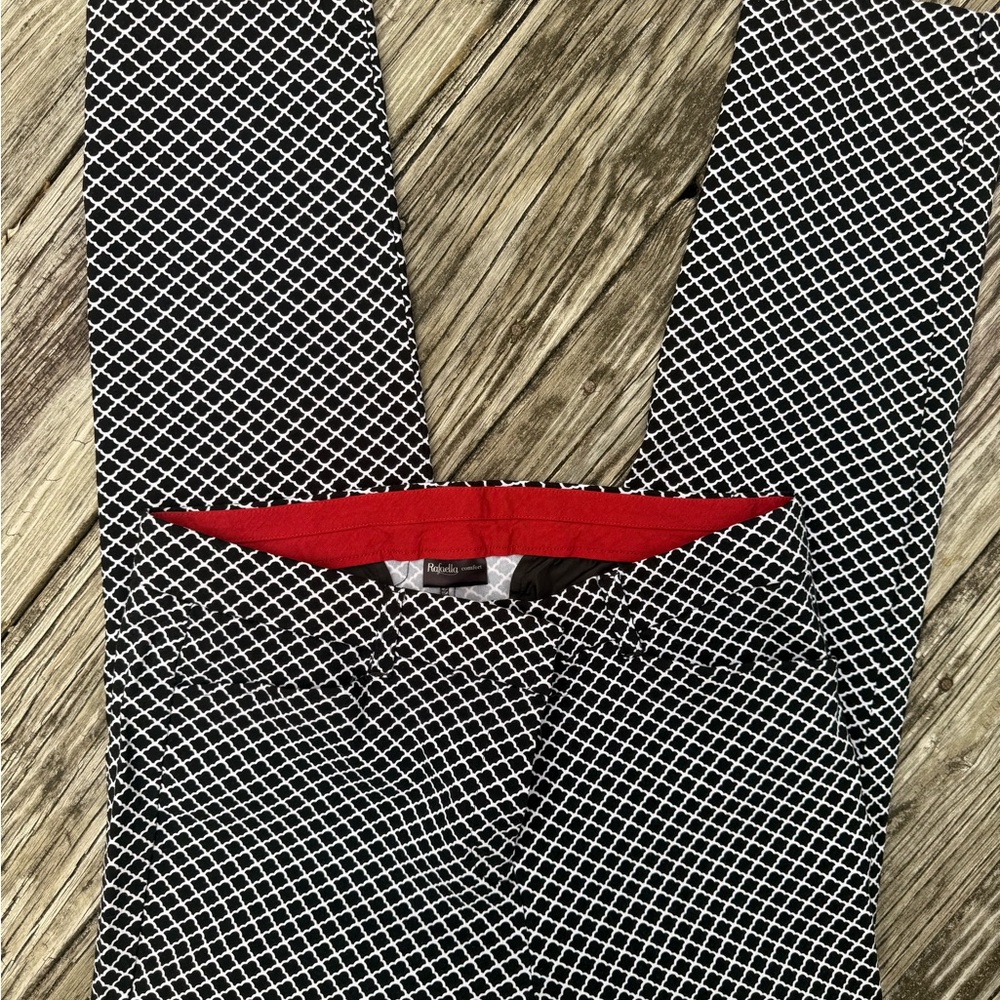 Rafaella Black and White Patterned Pants with Red Waistband Comfortable.